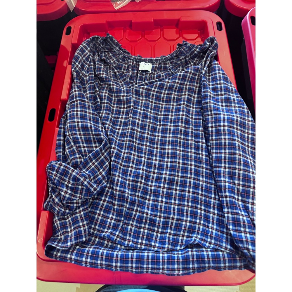 Old Navy Womens Blue Plaid Smocked Neck Long Sleeve Blouse XL